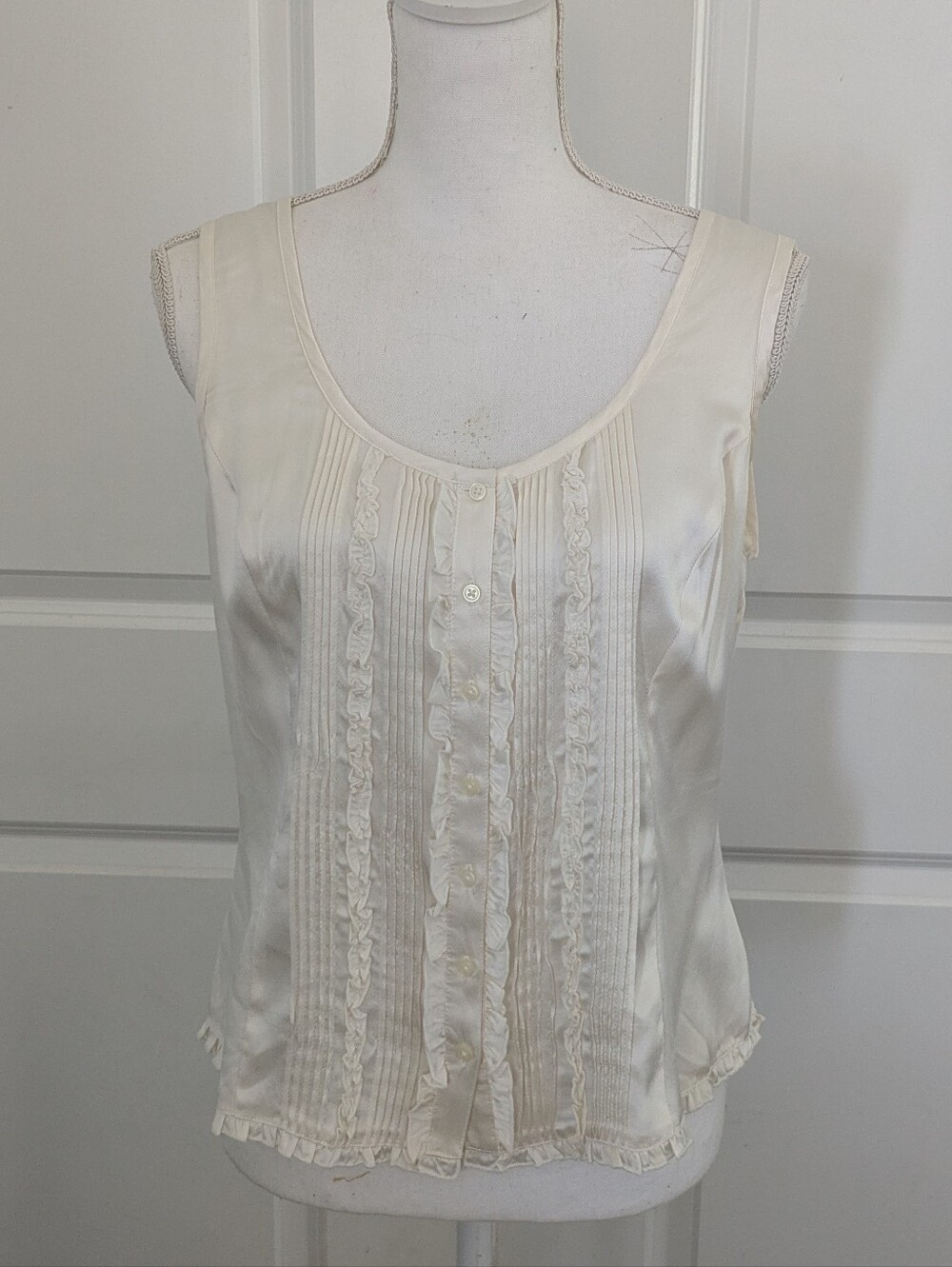 Tommy Hilfiger Pure Silk Milkmaid Tank Ruffle Pintuck Coquette Cami Cream